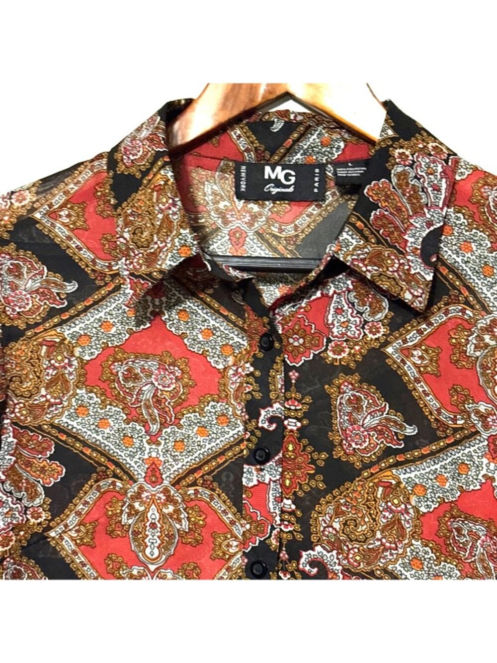 MG Originals Womens Long Sleeve Paisley Button-Up Shirt Size L 100% Polyester Bo
